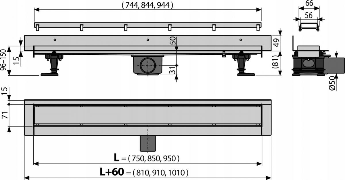 Odpływy liniowy ALCADRAIN Fit and Go Wall 750 mm