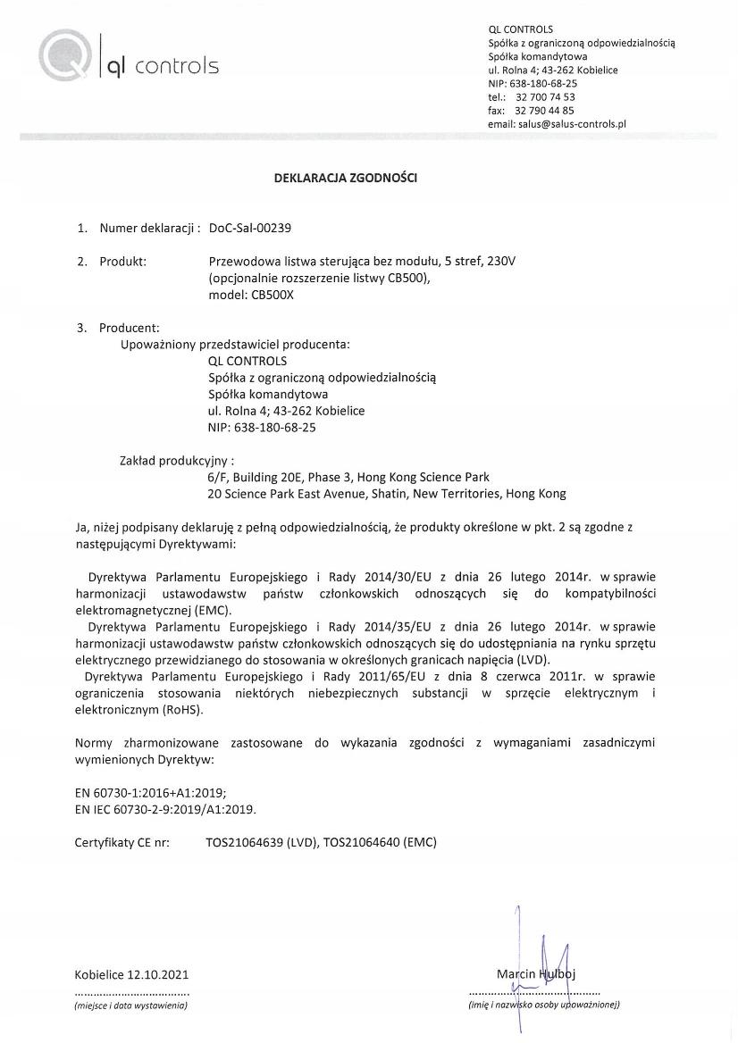 Listwa przewodowa CB500X sterująca bez modułu (opcja rozsz CB500) 5 stref