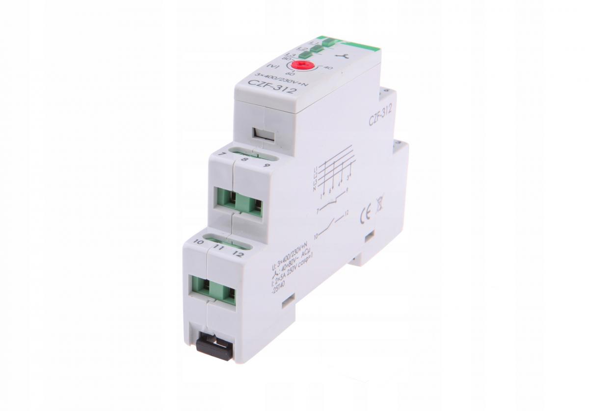 Czujnik zaniku i asymetrii faz CZF-312 Un=3×400V+N Io<2×5A montaż na szynie