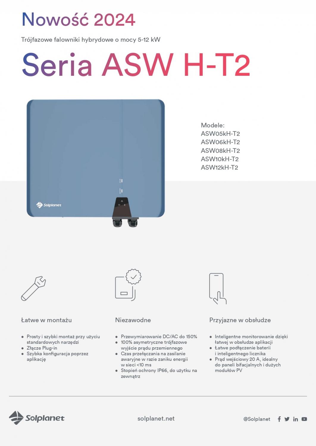 Falownik hybrydowy trójfazowy Solplanet ASW05kH-T2, 5kW, 2 MPPT, WLAN/LAN i