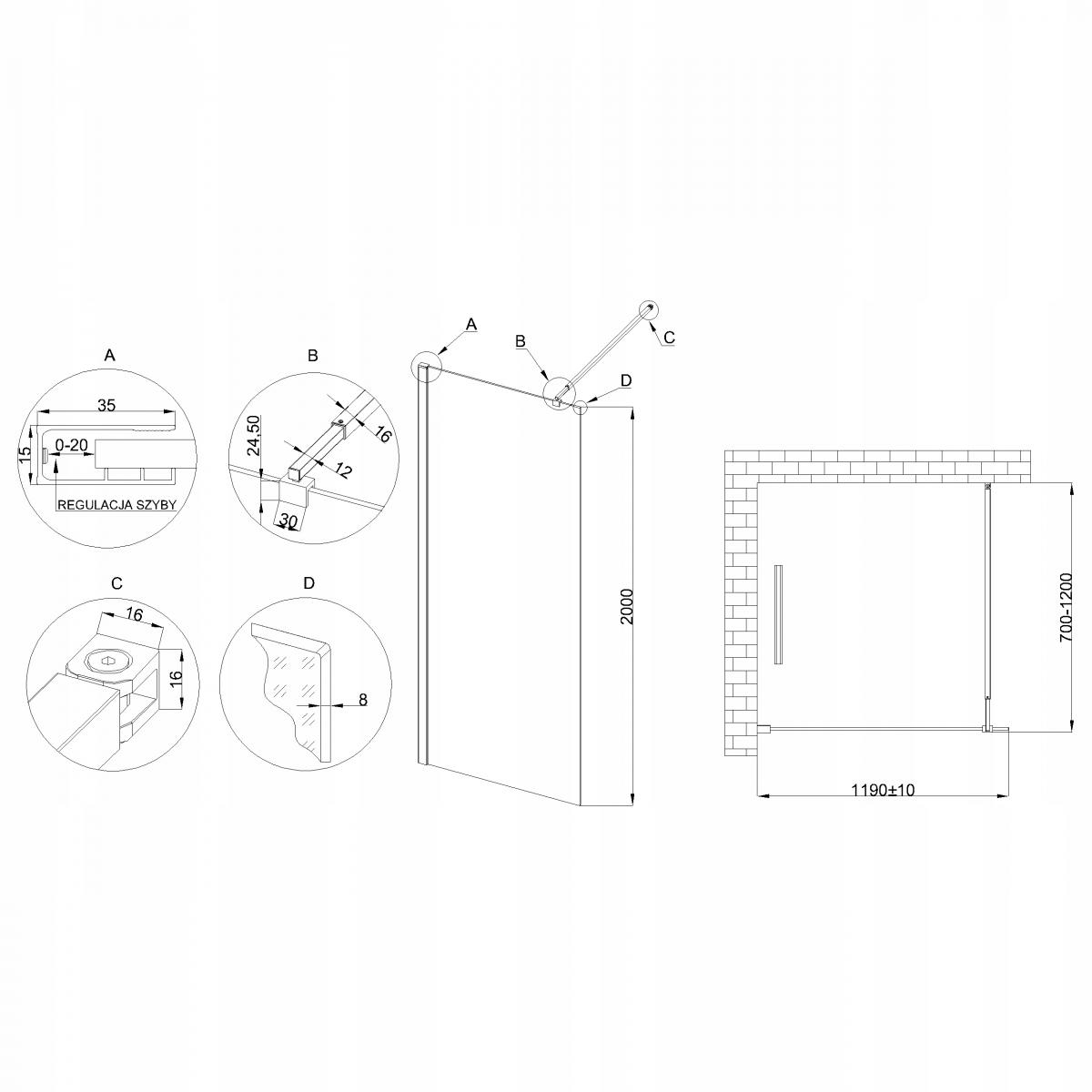 KABINA WALK-IN II 120X200CM TRANSP 8MM SHINY-GLASS CHROM