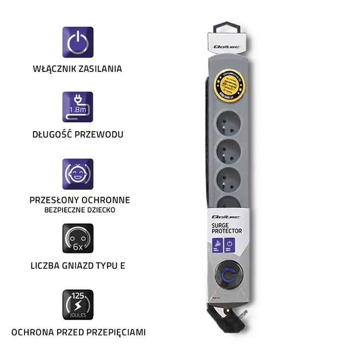 QOLTEC Listwa antyprzepięciowa Quick Switch 6 gniazd 1.8m