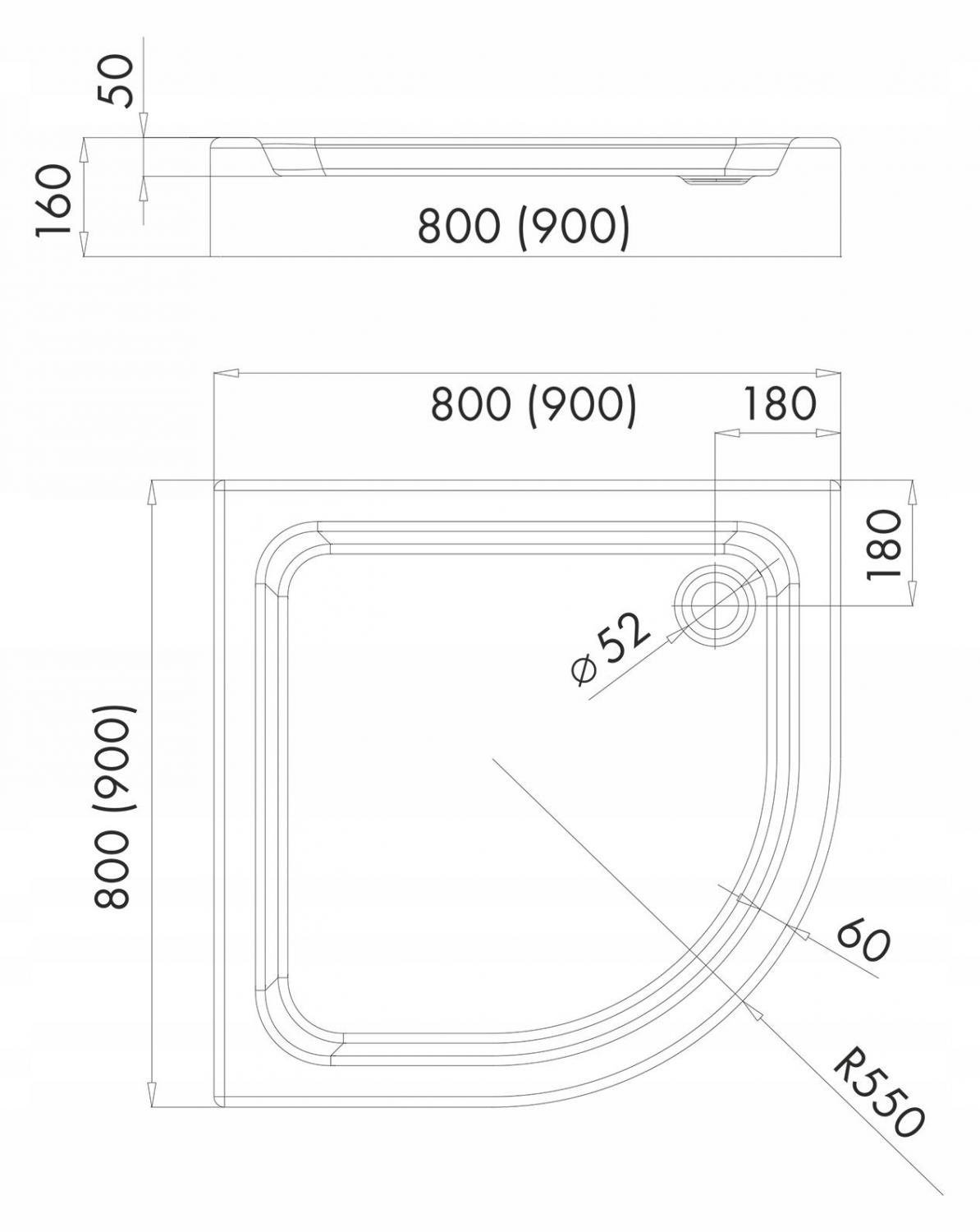 Brodzik akrylowy Stabilsound 80x80x17 / 7 cm półokrągły r55 Grando Plus
