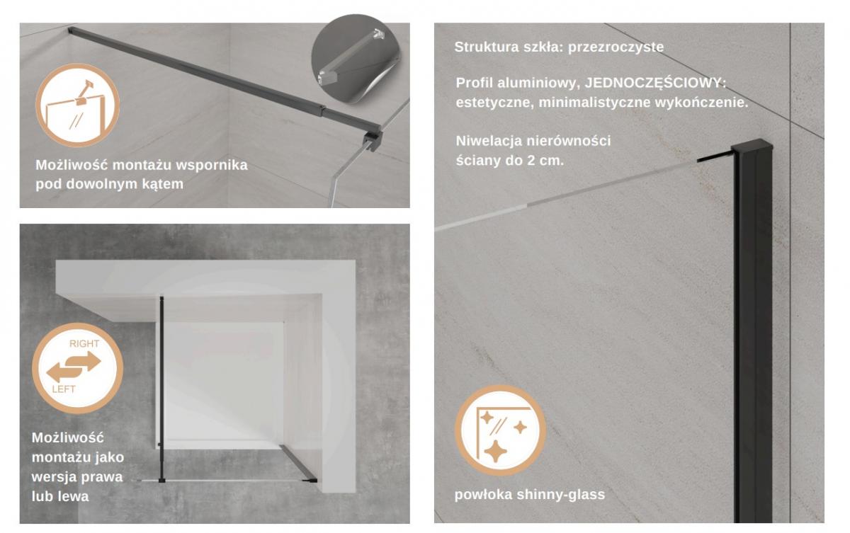 INVENA KABINA WALK-IN II 110X200CM TRANSP 8MM SHINY-GLASS CZARNY