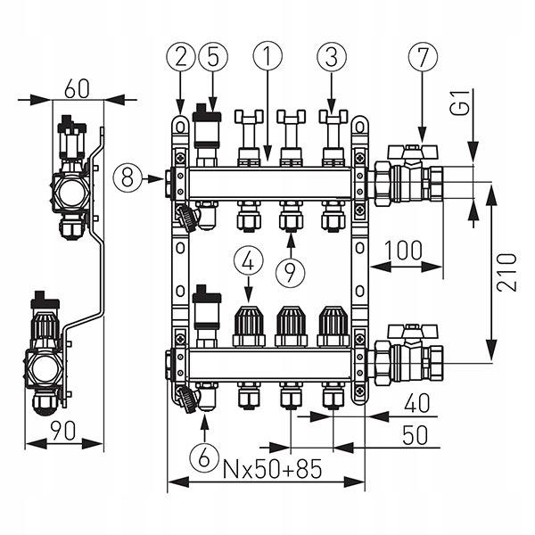 Rozdzielacz 4-drogowy z zaworami term, przepływomierzami i złączkami, stal