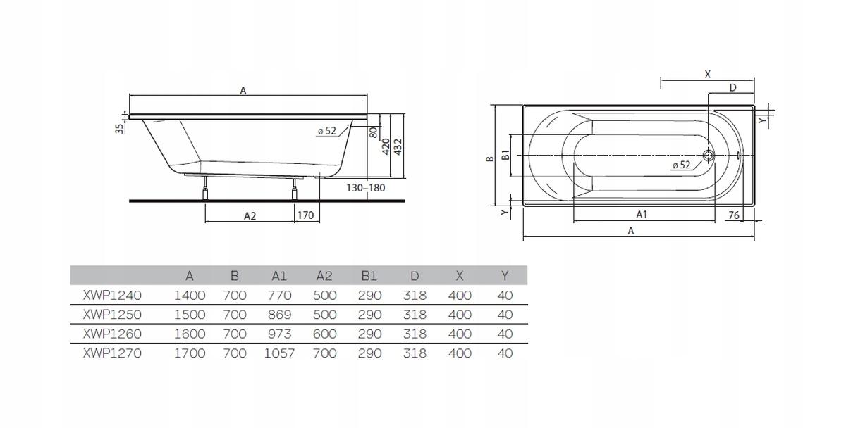 KOŁO Wanna akrylowa prostokątna GEBERIT Opal Plus 1500 700 mm biała