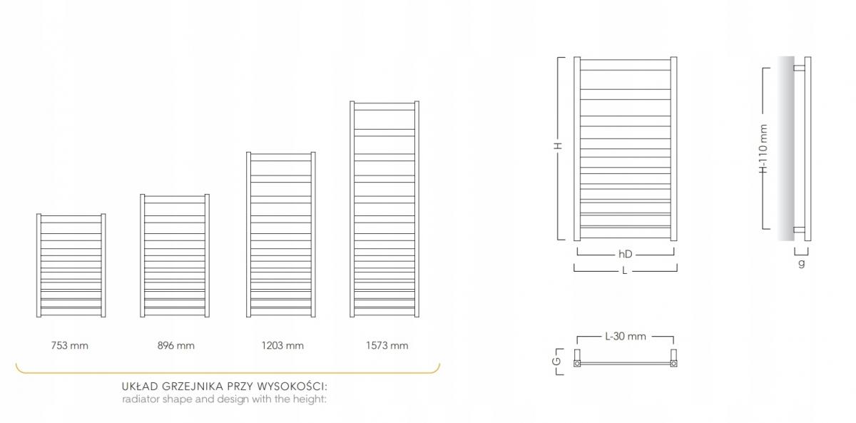Grzejnik drabinkowy BELTI 500X896, 369W, podłączenie dolne, rozstaw 47