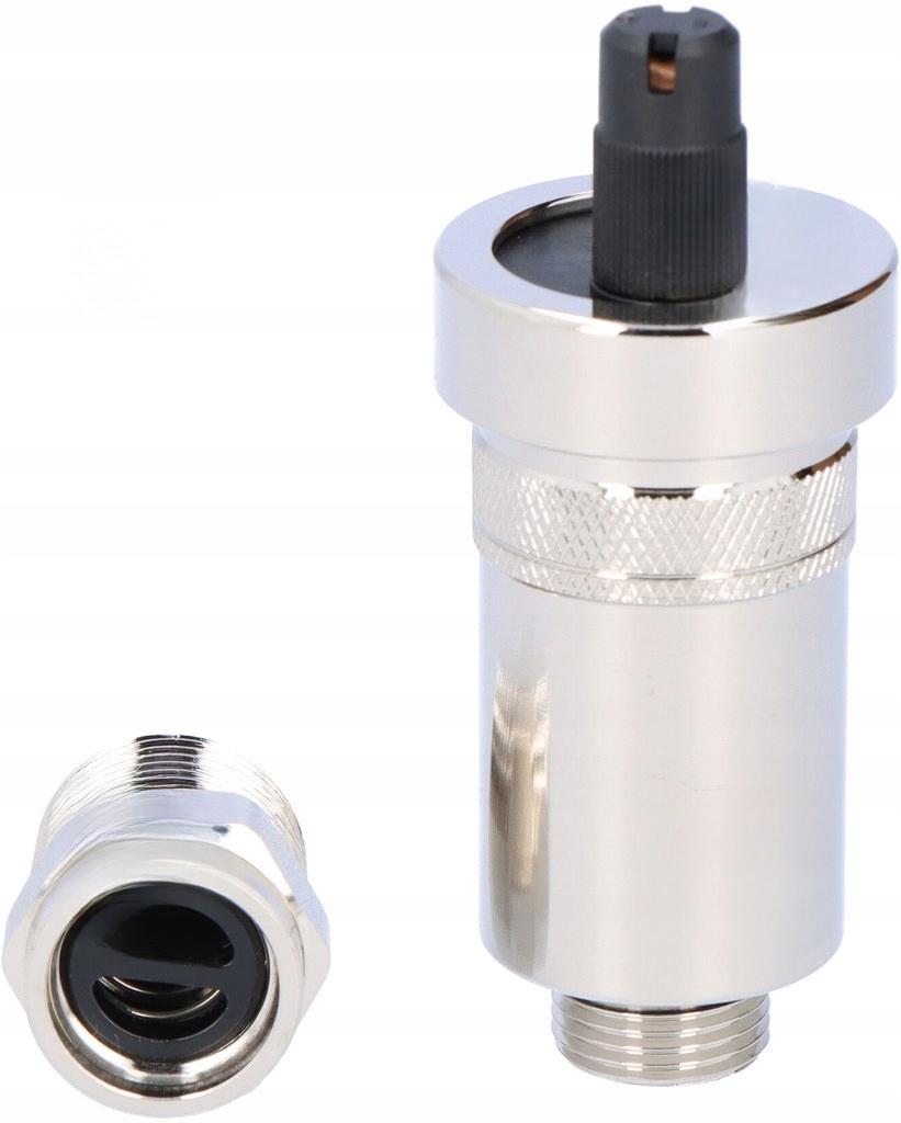 Odpowietrznik automatyczny pionowy, z zaworem stopowym 1/2 GZ, niklowany