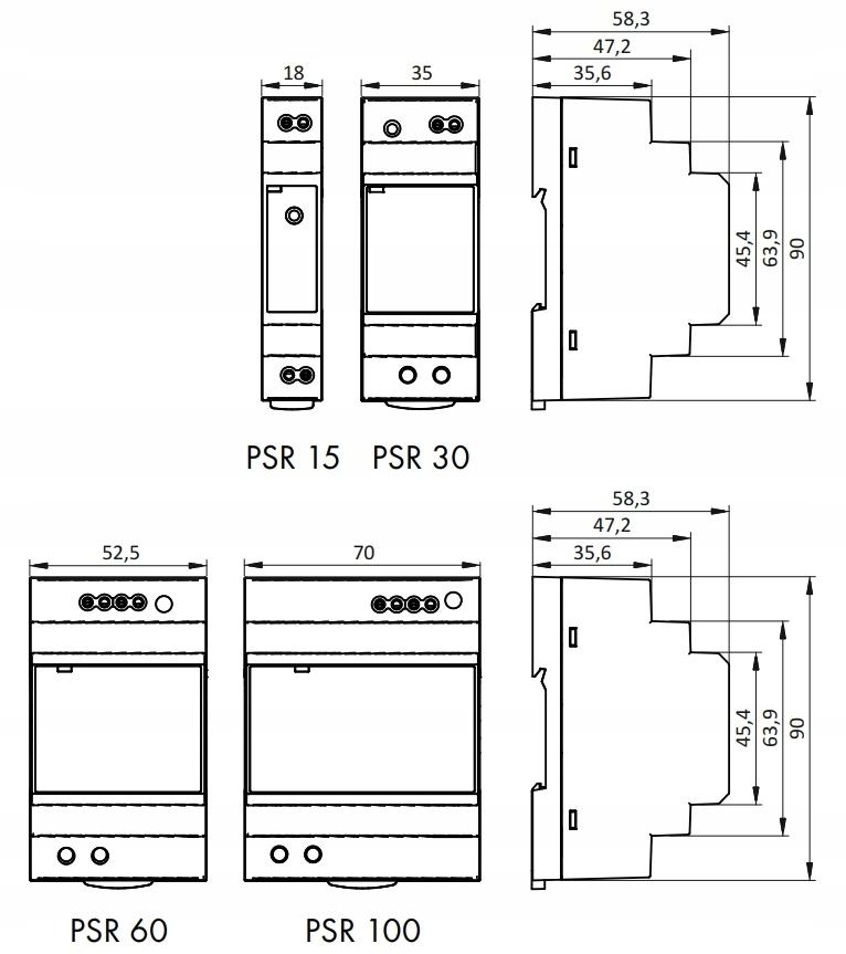 Zasilacz impulsowy PSR 06024 230/ 24VDC 2,5A 60W na szynę DIN, Uzas: 85-264