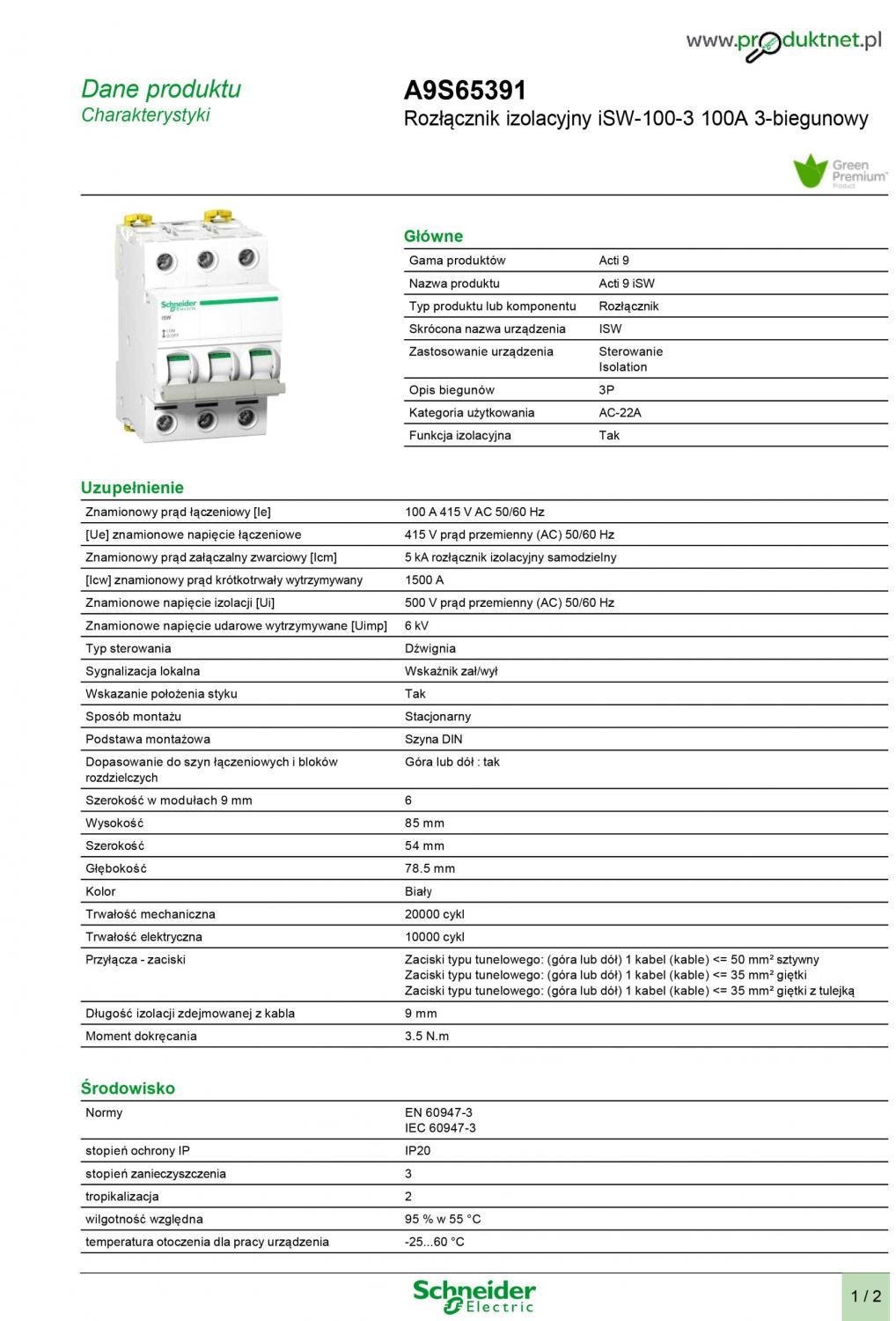 SCHNEIDER ELECTRIC Rozłącznik izolacyjny iSW-100-3 100A 3-biegunowy