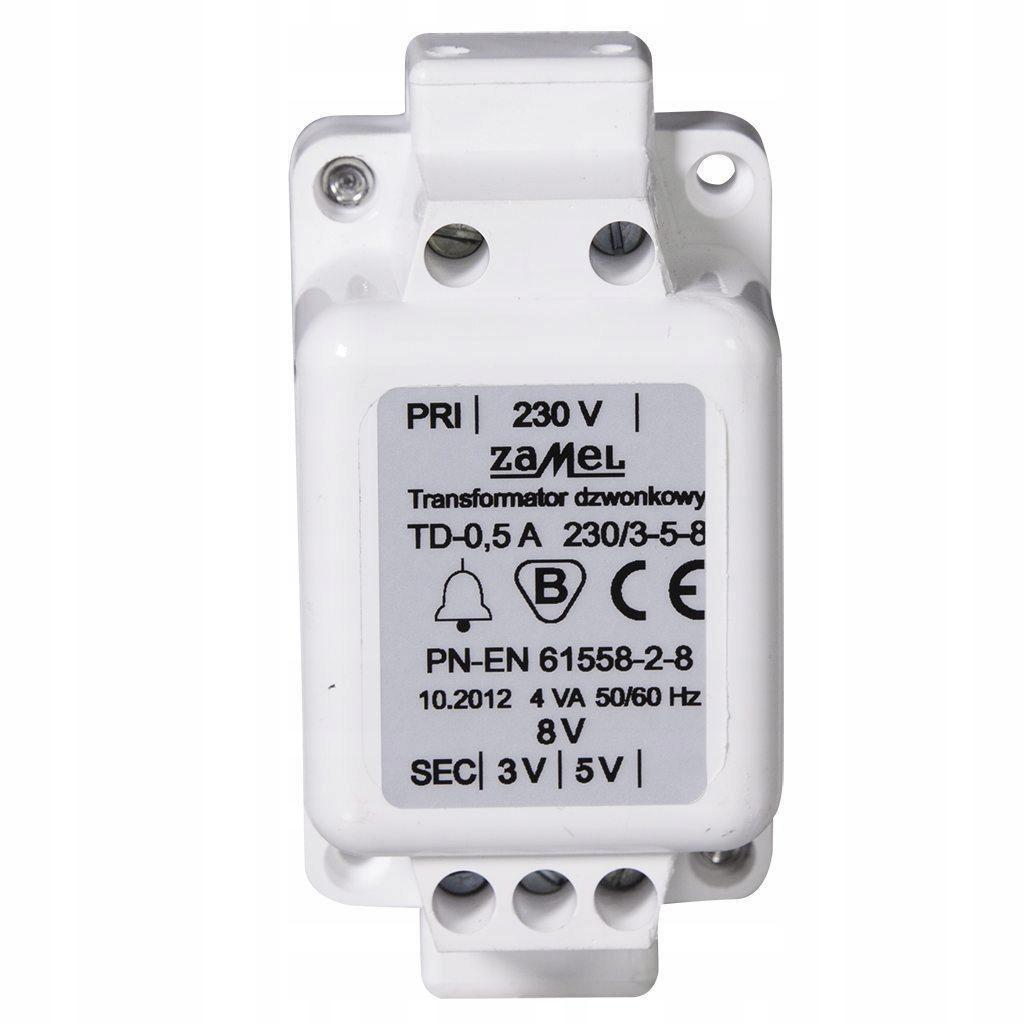 ZAMEL Transformator dzwonkowy natynkowy, TD-230V/3-5-8V, biały