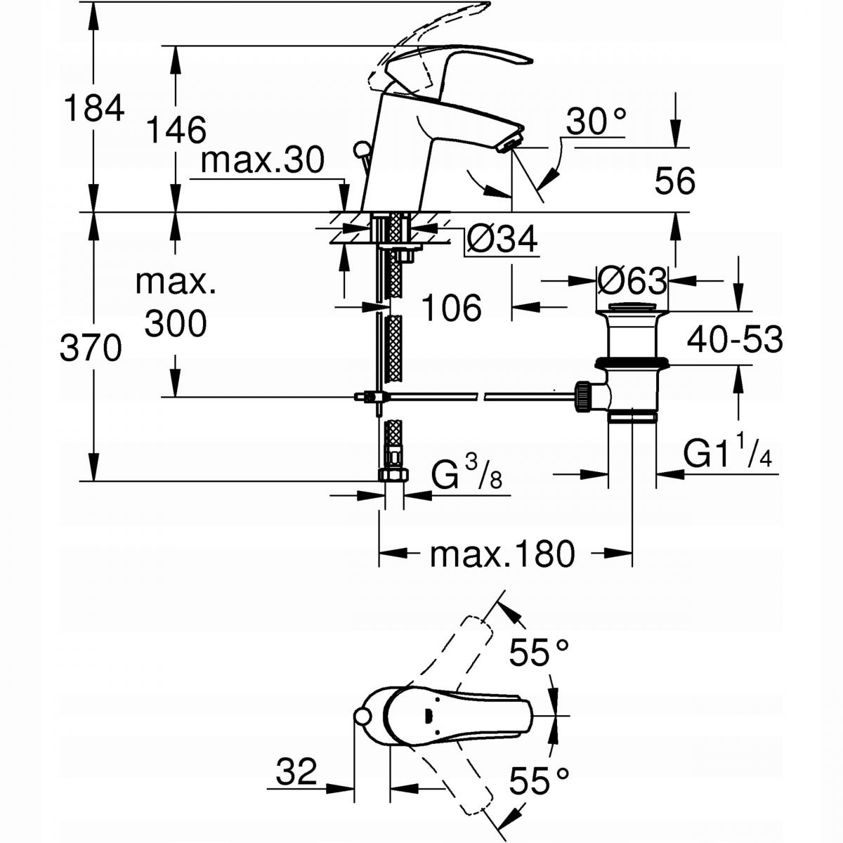 Bateria umywalkowa sztorcowa GROHE Eurosmart Cosmopolitan 1-otw. Mosiężna