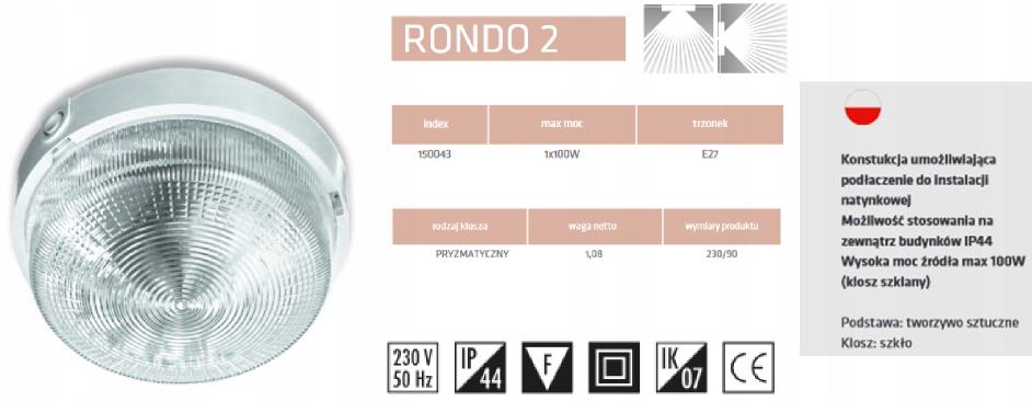 LENA LIGHTING Plafon RONDO 2 E27 100W, IP44, klosz przezroczysty biały