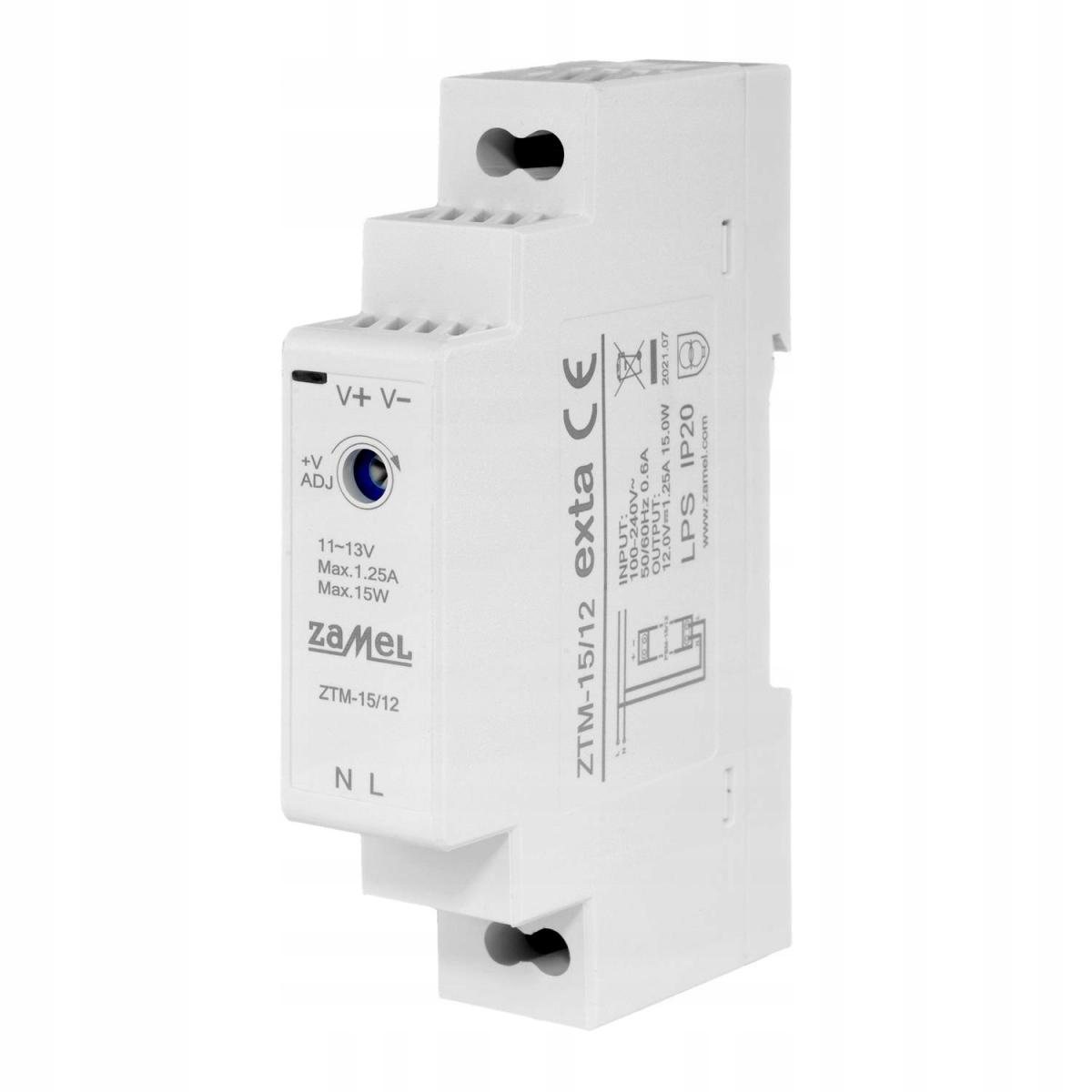 Zasilacz impulsowy montowany na szynie TH-35 (DIN), 15W, 12V DC ZTM-15/12