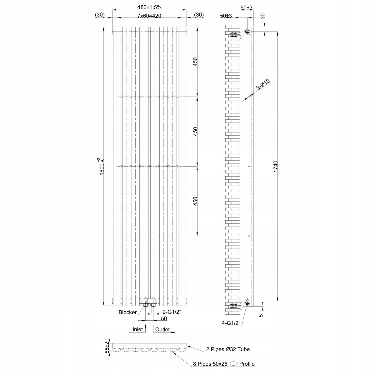 Grzejnik pionowy dekoracyjny INVENA MONO 1800X480 MOC: 890W CZARNY