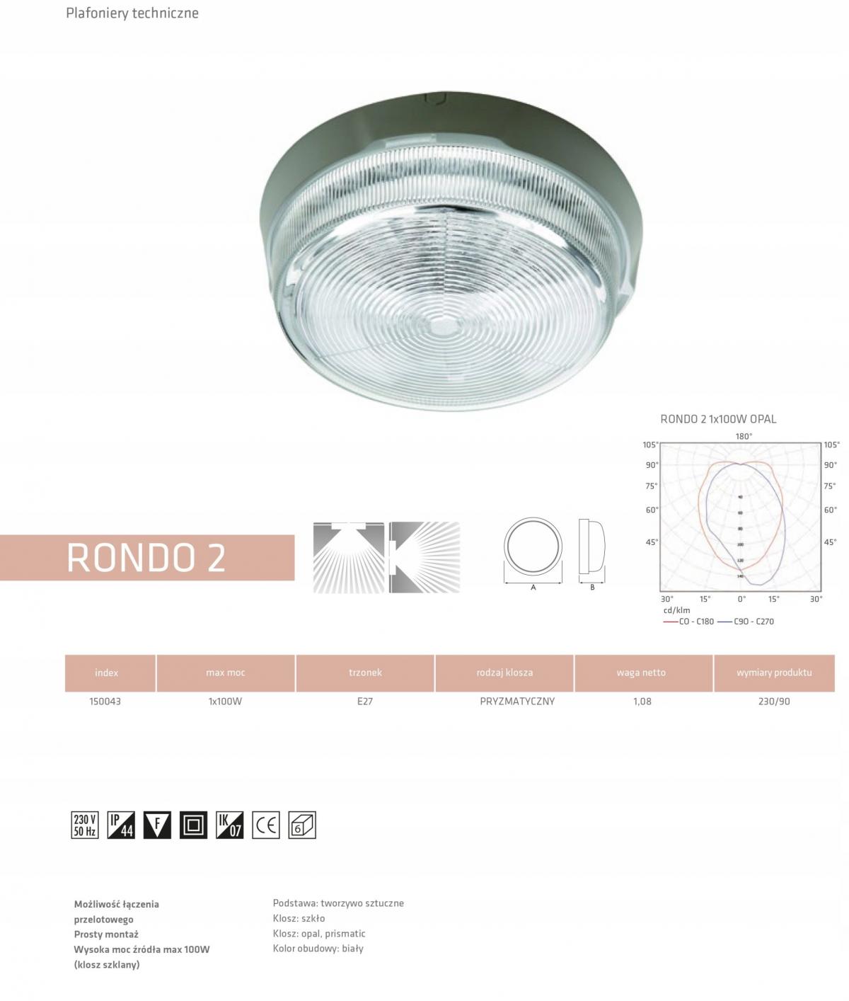 LENA LIGHTING Plafon RONDO 2 E27 100W, IP44, klosz przezroczysty biały
