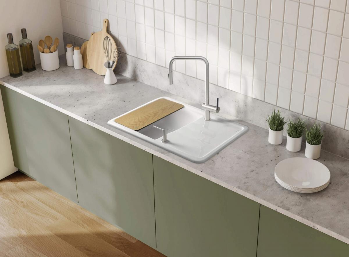 Zlewozmywak ceramiczny Momi, biały, 1-komorowy z ociekaczem 780x500x220 mm