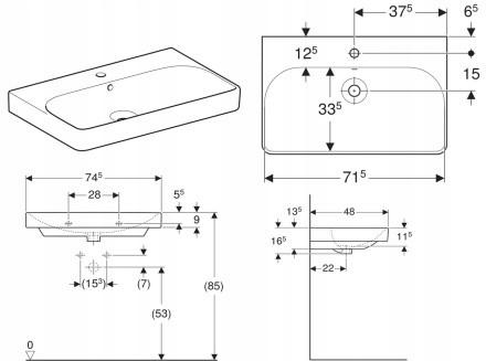Umywalka Smyle Square B75 cm, H16.5 cm, T48 cm, z przelewem, z otworem na b