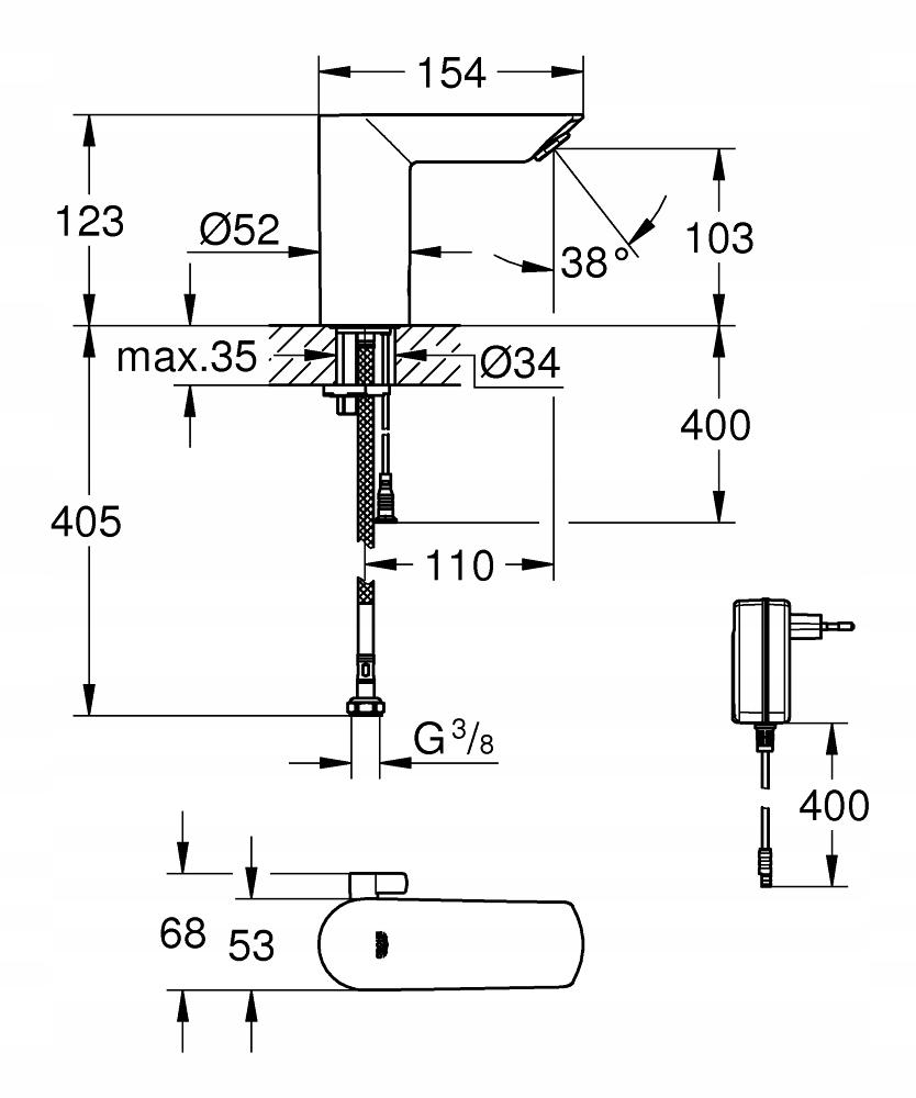 Bateria umywalkowa elektroniczna Grohe Bau Cosmopolitan E, na podczerwień 1