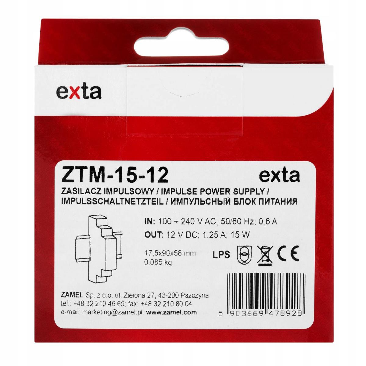 Zasilacz impulsowy montowany na szynie TH-35 (DIN), 15W, 12V DC ZTM-15/12