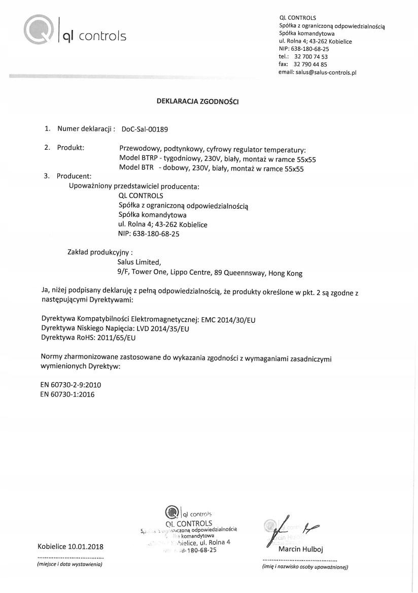 Regulator temperatury przewodowy SALUS BTR230(20) 230V dobowy podtynkowy b