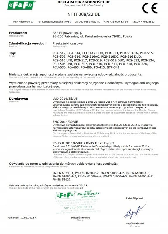 Przekaźnik czasowy PCS-506 ośmiofunkcyjny, styki: 1z, U=230VAC, I=10A, mont