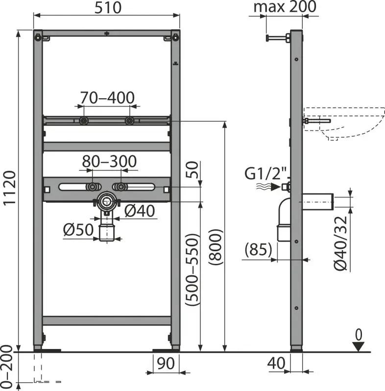 Stelaż podtynkowy do umywalki + mocowanie ALCADRAIN 510 x 200 x 1120 mm